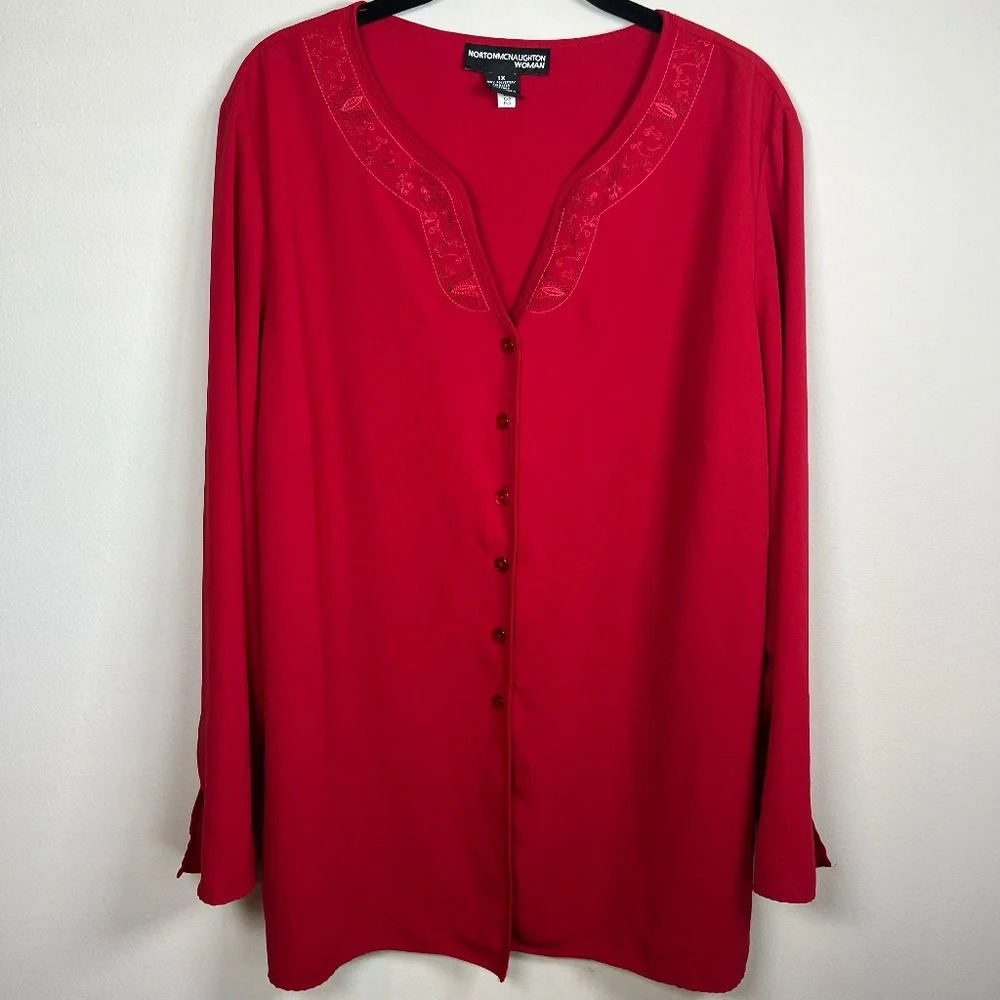 Norton McNaughton V-Neck Button Up Blouse Red Floral Embroidered Shirt Womens 1X